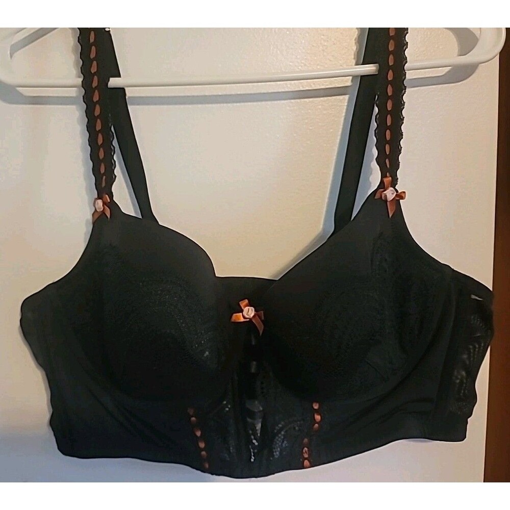 Cacique bra 40C Black Lace Sexy Orange Trim Lightly Lined Balconette Gold Adj